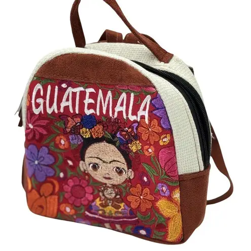 Handmade Guatemala Embroidered Mini Backpack Suede & Woven Fabric Material Brown