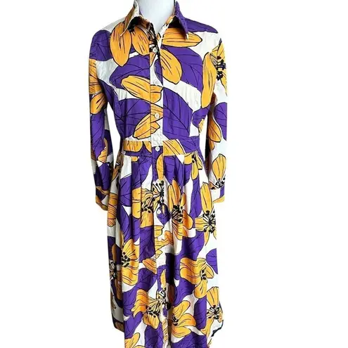 Pierre Cardin VTG Floral Maxi Shirtdress Purple Yellow Fit & Flare Long Sleeve