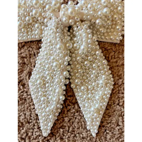 Ivory/Cream Allover Pearl Beaded Preppy Bridal Hair Bow Ribbon Clip Coquette