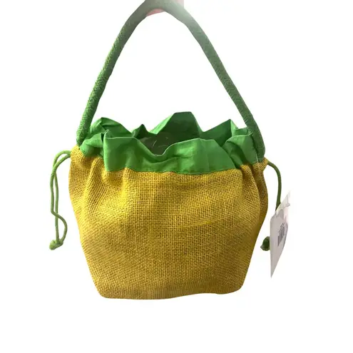 Buckhead Betties Burlap Jute Mini Tote Drawstring Purse Yellow Green Preppy New