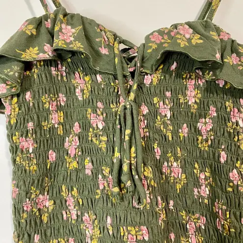 American Eagle  Women’s Ruffle Crop Tank Top Green Floral Size XS EUC