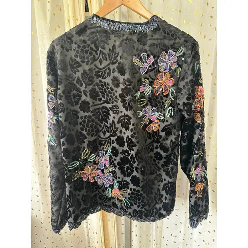 Vintage Draper's & Damon's Floral Velvet Beaded Sequin Open Evening Jacket L Black Size L