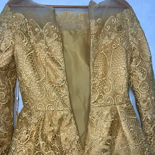 TS Couture Mustard Yellow Lace Long Sleeve Peplum Satin Mermaid Formal Gown NWT