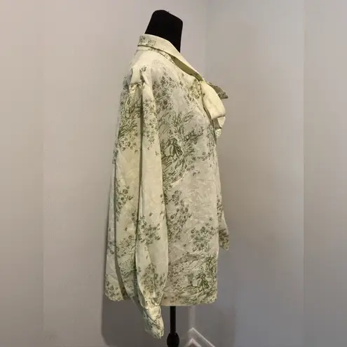 VINTAGE 1970s Unbranded Green Toile Printed Tie Front Bow Long Sleeve Blouse Size L