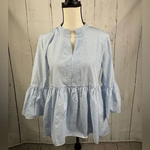 Koton Blouse Shirt Blue White Striped Flounce Sleeve Flared Bottom
