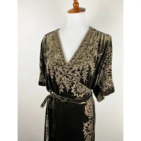 Johnny Was Silk Velvet Embroidered Wrap Dress Olive Green XXL Boho Kimono Sleeve