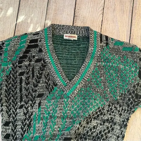 Vintage 80s McGregor V Neck Sweater Geometric Abstract Knit Size Large Green