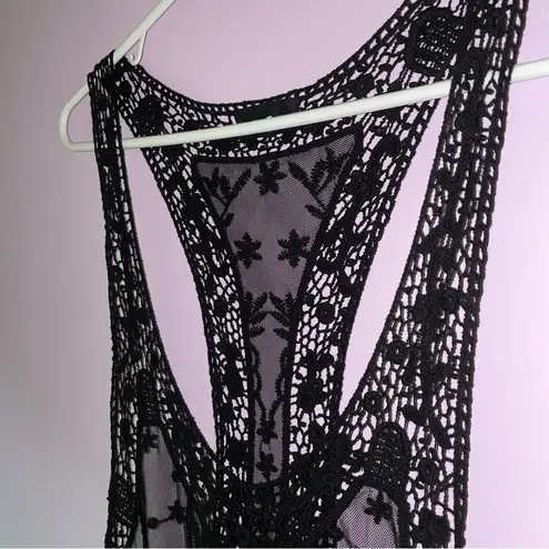 Solemio  M Tank Top Black Mesh Lace Eyelet Boho Swim Cover Sheer