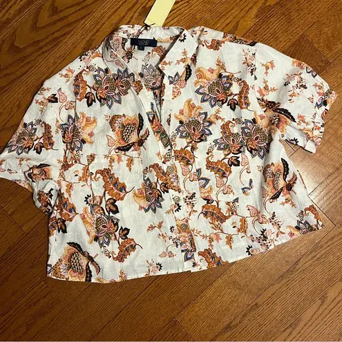 Rachel Roy NWT Linen Blend Cropped Button Up Blouse Size L Short Sleeve
