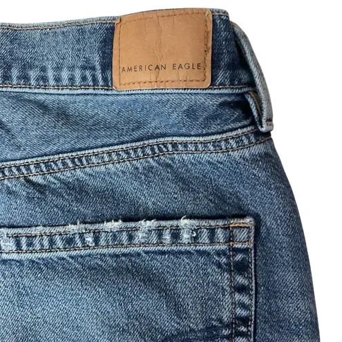 American Eagle High Waisted Frayed Hem Straight Leg Denim Jeans Whiskers Size 10 Blue