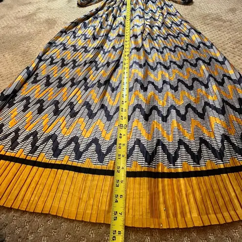 Handmade VTG 70’S Maxi Dress Long Sleeve Pleated Yellow Gold Blue Pearls Formal XS Bow