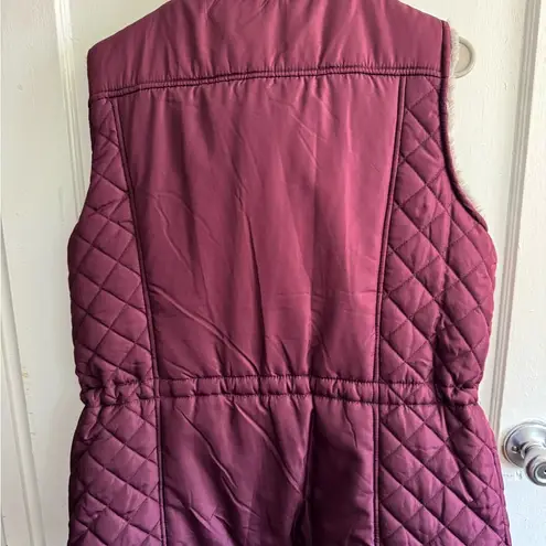 Burgundy Quilted Vest Faux Fur Trim Drawstring Waist Sleeveless Jacket Purple Size XL