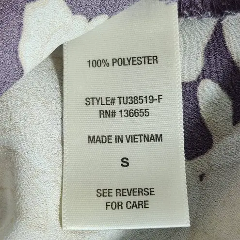 West Kei Purple Floral Blouse with Wrap Look and Roll-Tab Sleeves Size Small