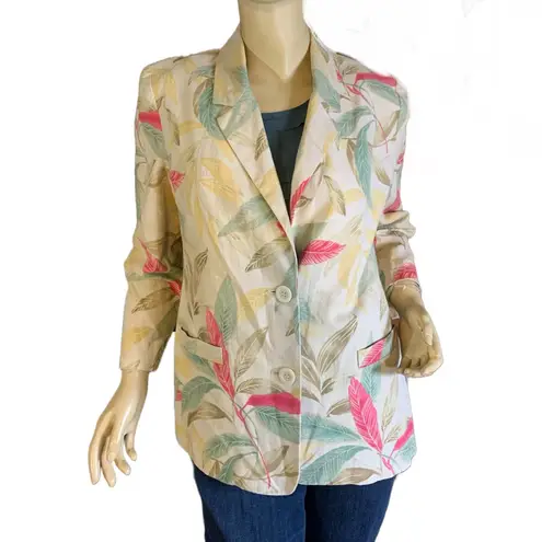 VINTAGE 1990'S ALFRED DUNNER PETITE LINEN BLEND LEAF PRINT MULTI