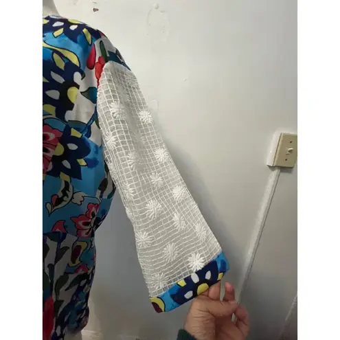 Boutique floral red blue yellow burst 70s theme pattern short sleeve tunic M Size M