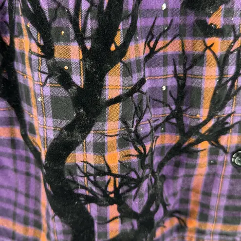 Krazy Kat Purple Orange Plaid Halloween embellished Button Down Shirt XXL bats