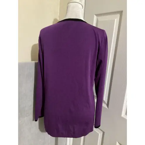 Misook Exclusively Sweater Womens Petite Purple Tie Neck Black Trim Long Sleeve