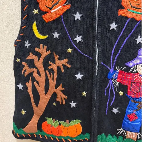 Studio Original Halloween Scarecrow Pumpkin Tree Knit Vest Womens M Black Zip Up Size M
