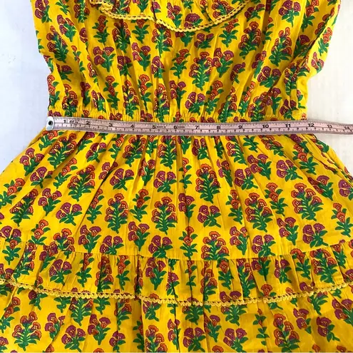 Maisie Yellow boho block print ruffled tassel tie puff sleeve mini dress XS