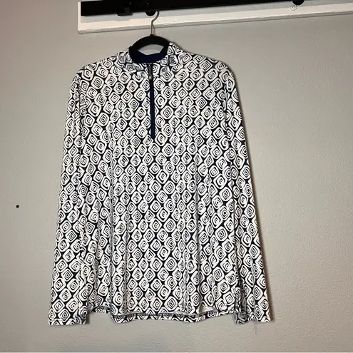 SanSoleil Long Sleeve Top 1/4 Quarter Zip Navy Blue Geometric Patterned Size XL White