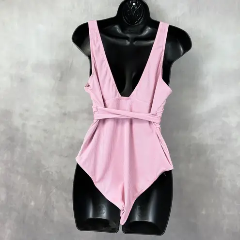 Pink Ribbed Belted Swimsuit Womens Large Surplice Top Beachy Summer Feminine