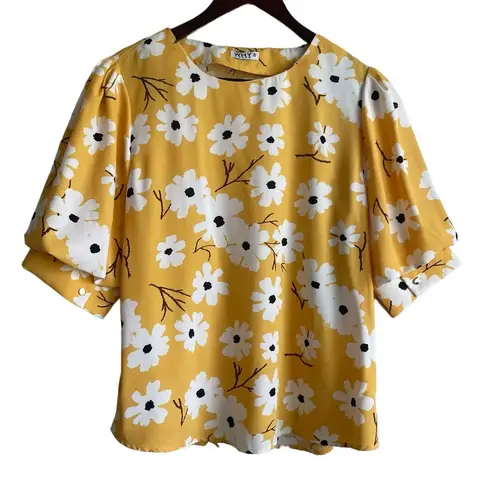 Why Dress Women Flowy Top M Yellow Floral Short Tiered Puff Sleeve Cottoncore Size M