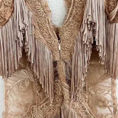 BANJUL Sheer Floral Lace Fringe V-Neck Bandage Dress Camel Brown Women's Size 2