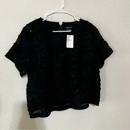 City Chic black 3D garden floral mesh cropped short sleeve blouse NEW XS/14