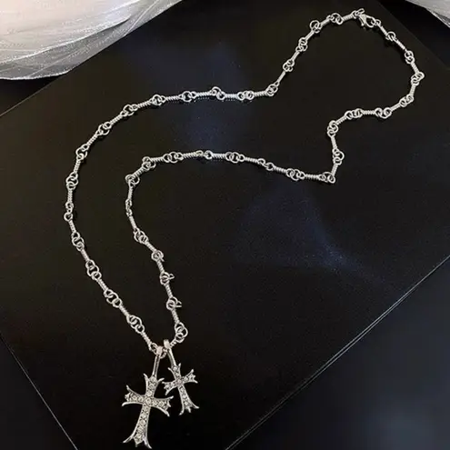 CZ Double Cross Pendant Necklace for Men Women Unisex Hip Hop Style Silver