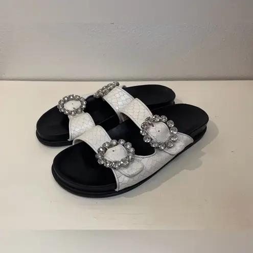 Schutz Ariel Crystal-Buckle Sporty Slide White Snake Croc Sandals Size 10 B