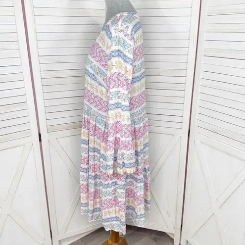 Destination 365 Floral V Neck Tiered Bell Sleeve Tunic Shift Dress White Multi Size M