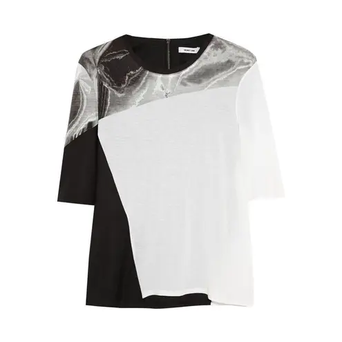 Helmut Lang Short Sleeve Silver Print Top in Cream/Black Marble Size Large