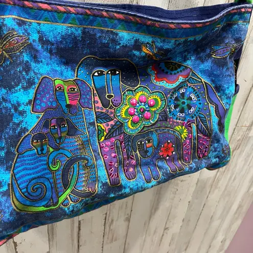 Laurel Burch Purse Shoulder Bag Colorful Vibrant Blue Dogs Sequins Canvas Tote