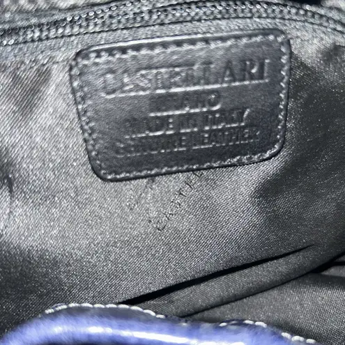 Vintage Castellari Navy Blue Leather & Fur Shoulder Bag, Y2K Dark Blue Italian