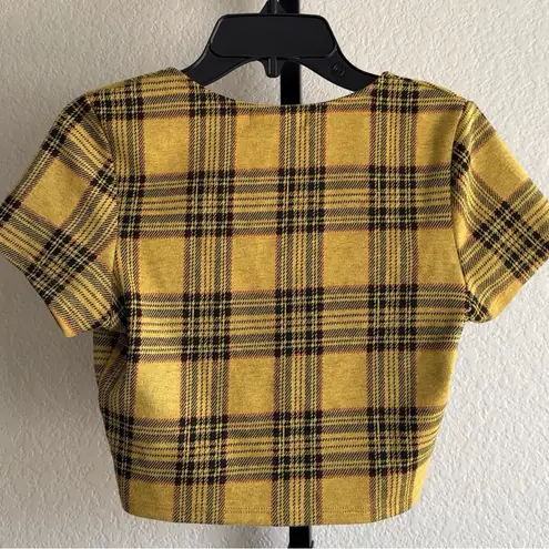 90s Grunge Plaid Crop Top Yellow Black Clueless Stretch Y2K Retro Preppy Size M