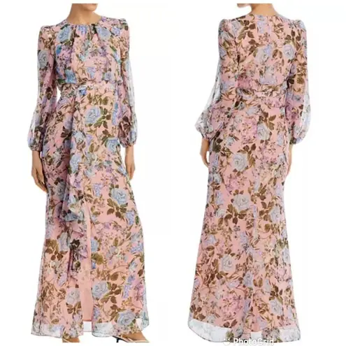 Eliza J Pink Floral Long Sleeve Maxi Dress Chiffon Ruffle Front Slit Size 14 New