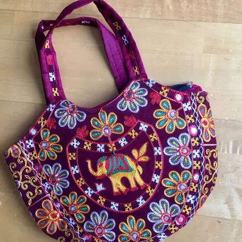Embroidered Elephant Zipper Velvet Handbag, Maroon, Burgundy, Gold, Yellow Red