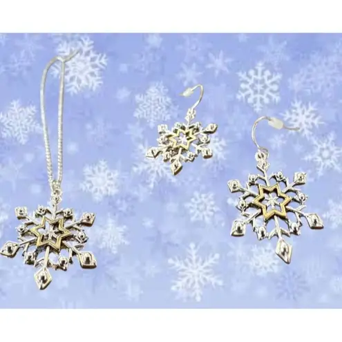 Snowflake Necklace Earrings Set 16" Chain New Reversible Festive Winter… Gold