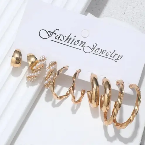 NEW Set of Five Golden Hoop Faux Pearl Lightweight Earrings Zinc Alloy Plated Gold