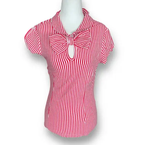 Tatyana Red White Striped Bow Blouse Retro Quirky Puff Sleeve Top Whimsical