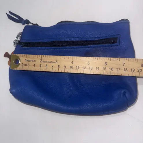 Aloha From Hawaii Dyed Leather Embellished Zip Wristlet Coin Purse Wooden Fish Blue