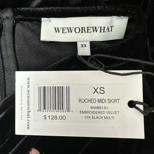 We Wore What Sz XS Black Multi Embroidered Velvet Ruched Midi Skirt