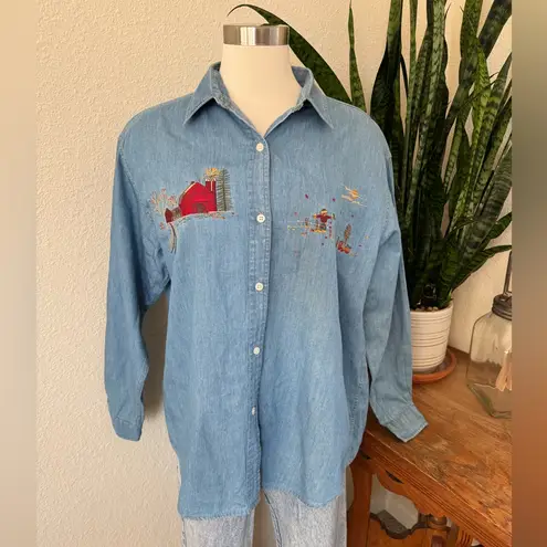 Woolrich Vintage Chambray Shirt M – Embroidered Barn Fall Farmhouse Scene