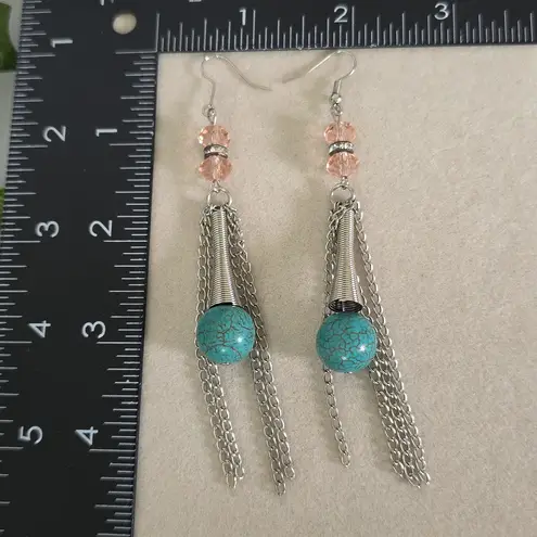 Boutique Silver Dangle Earrings With Turquoise Stone and Glass Beads
