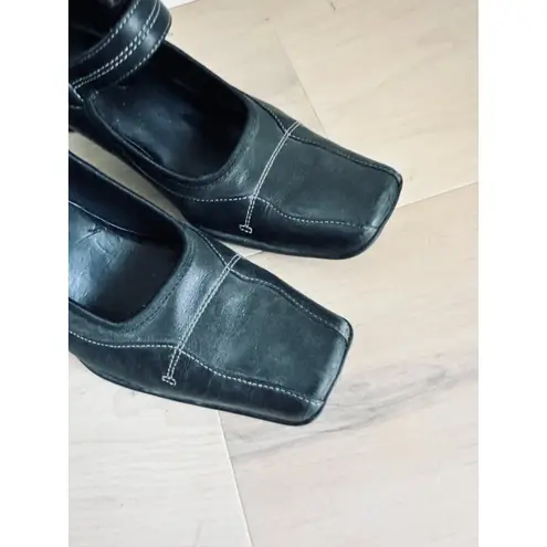 Y2K Leather Heeled Mary Janes Black Kenneth Cole Reaction Square Toe Classic Size 7
