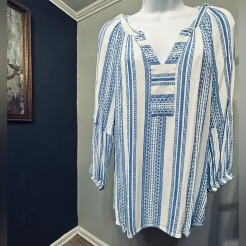 Brina & Em Colter Split Neck Boho Blue White Top Size Large