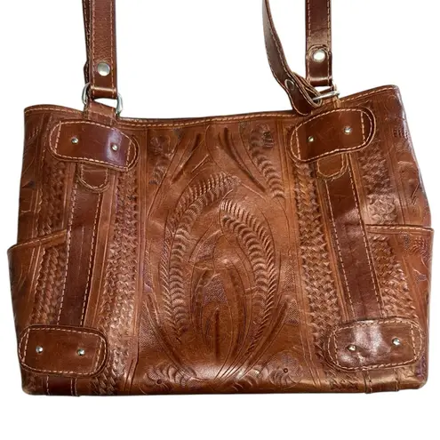 Vintage • Beautiful Embossed Leather Shoulder Bag • Made in Paraguay Brown