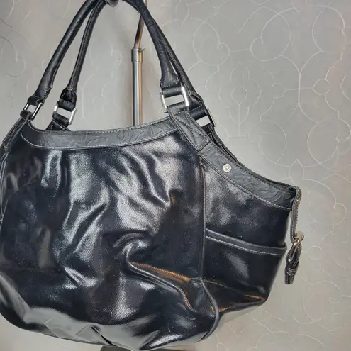 Via Spiga Womens Shoulder Bag Large Black Patent Leather Pockets Lined Hobo