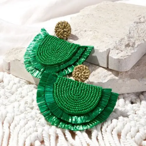 Emerald Beaded Raffia Statement Earrings Green
