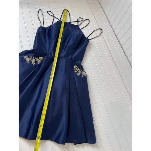 Blondie Nites Blue Satin Jeweled Embellished Strappy Cocktail Dress Juniors Sz S